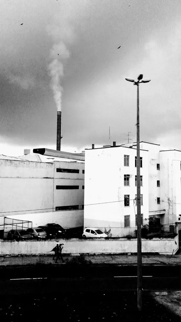 Prédios em preto e branco de alto contraste. Fumaça de uma chaminé em céu nublado e pássaros distantes. À frente, um poste, a rua e pedestres.