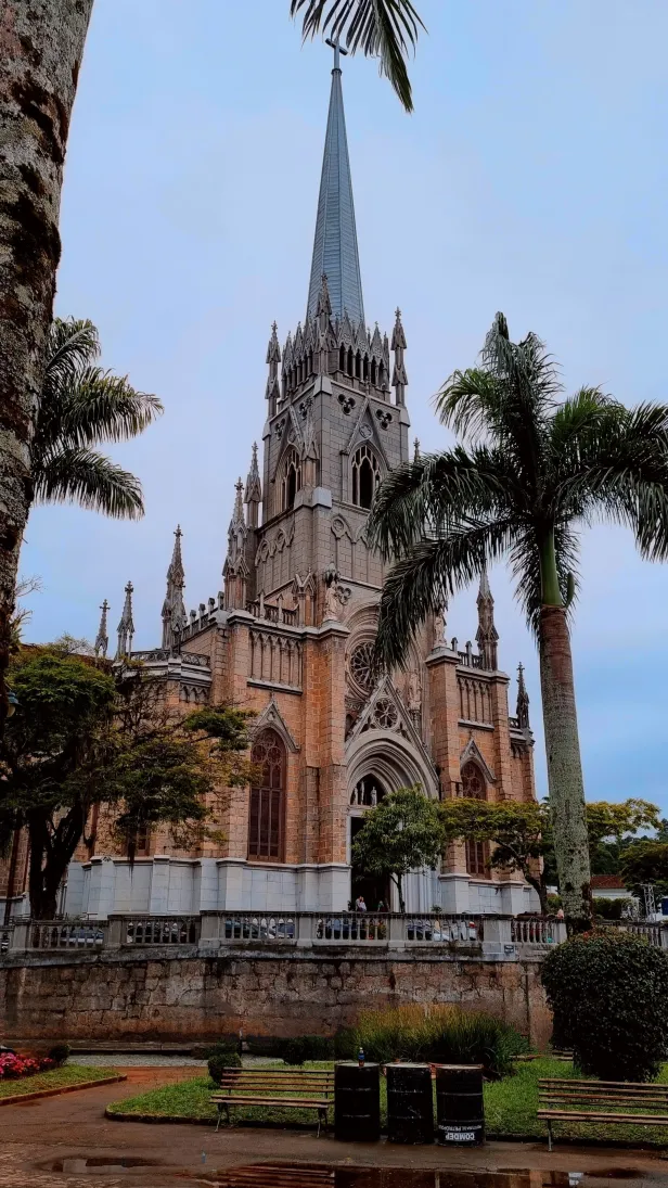 Catedral de tijolos alaranjados com base de pedra cinza e uma alta torre cinzenta em estilo neogótico. Em primeiro plano, palmeiras e um jardim.