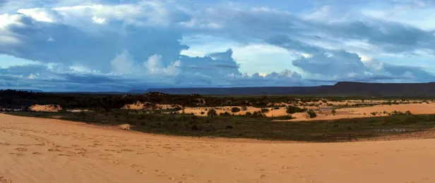 Visão panorâmica de dunas seguidas de vegetação em meio a uma área arenosa. Montanhas no horizonte sob um céu com nuvens.